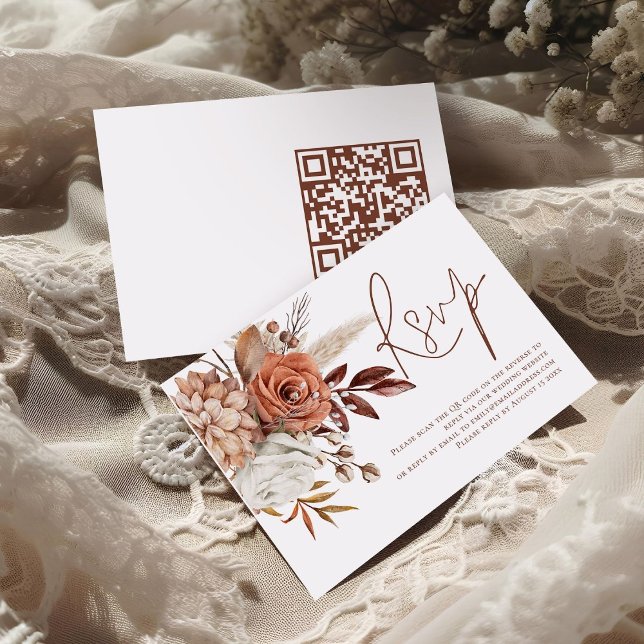 Fall Terracotta Florals Código QR Casamento RSVP (Front and back view)