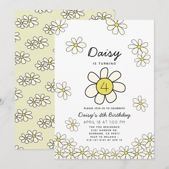 Falling Daisies White Floral Birthday Convite (Frente/Verso)
