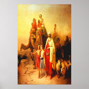 Família andando no poster vintage do deserto