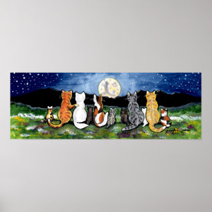 Família Cat Assistindo Poster Noite Lua Marinho T