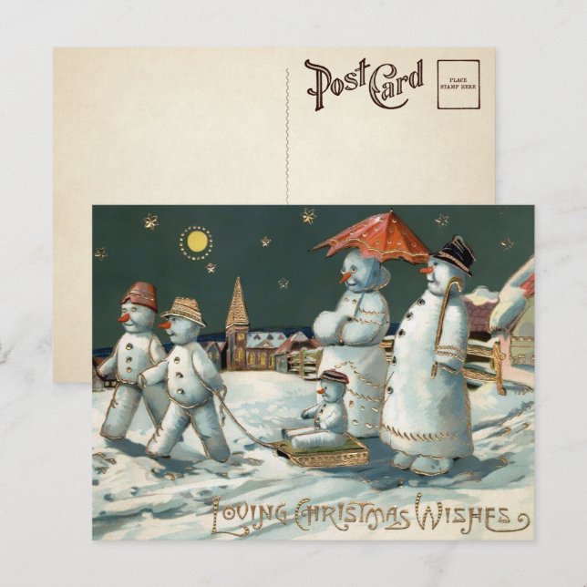 Família de Boneco de Neve Natalino Cartão Postal V (Frente/Verso)