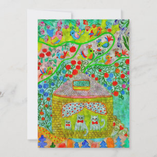 Família de Gatos Caprichosos em Cartão de Casa Aco