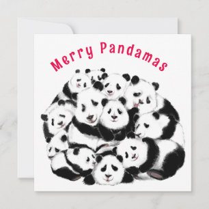 Família de Pandas Felizes com Cartão de Natal - Pi