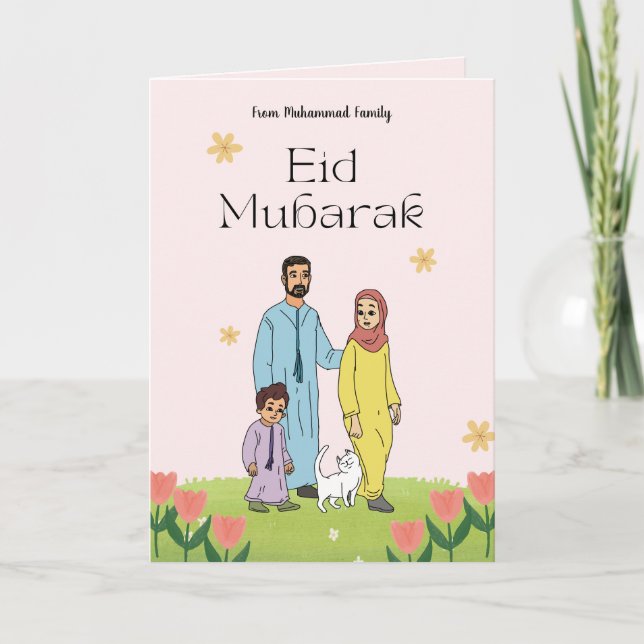 Família e Gato Muçulmanos de Cartão Eid Mubarak Pe (Frente)