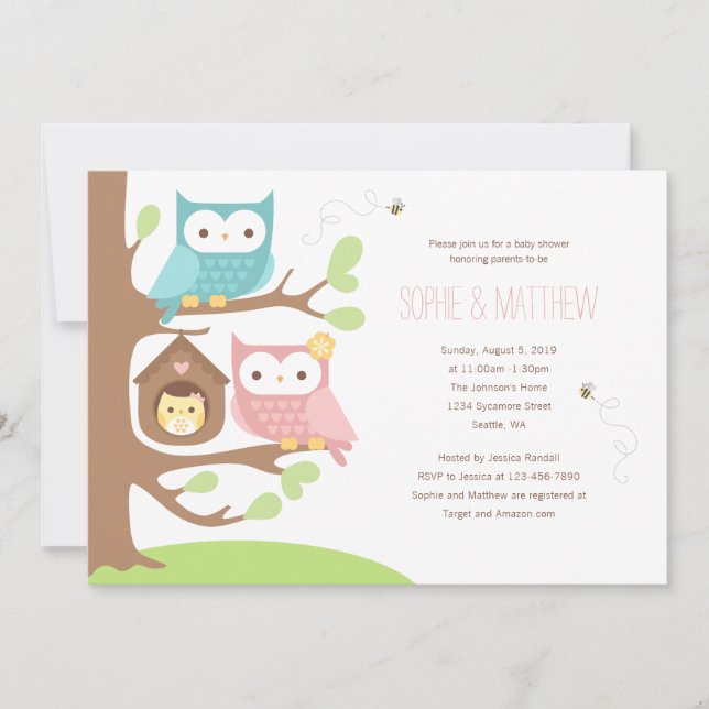 Família Girl Owl em um Convite para Chá de fraldas (Frente)