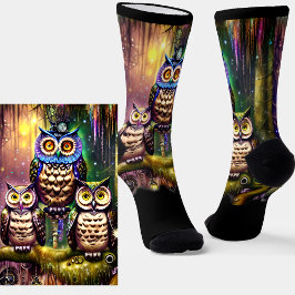 Família Steampunk Owl na Floresta em Preto
