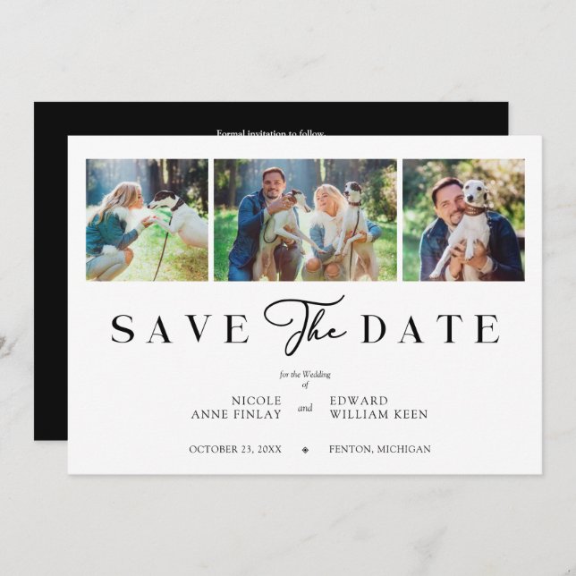 Fancy Minimalist Collage 3 Photos Couple Wedding (Frente/Verso)