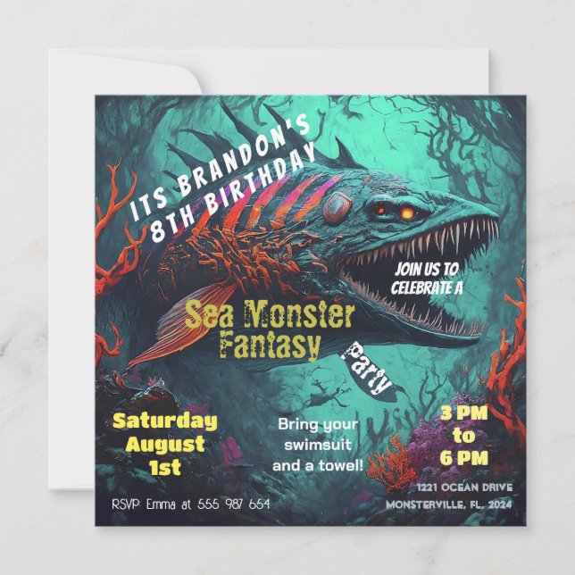 Fantasia do Monstro do Mar de Convite de Aniversár (Frente)
