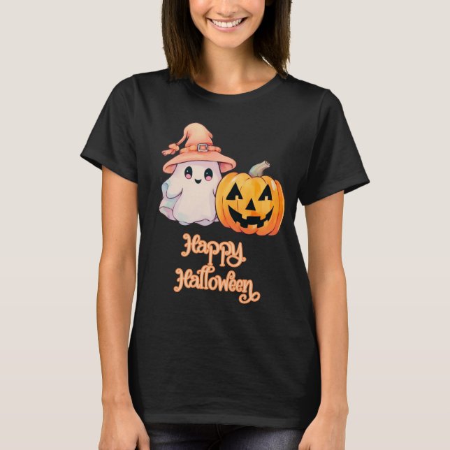 Fantasma Fofo & Abóbora de Halloween Camisa Preta  (Frente)