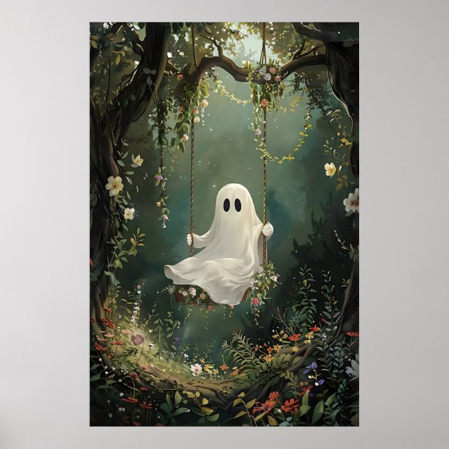 Fantasma fofo em balanço em impressão de floresta  (Frente)