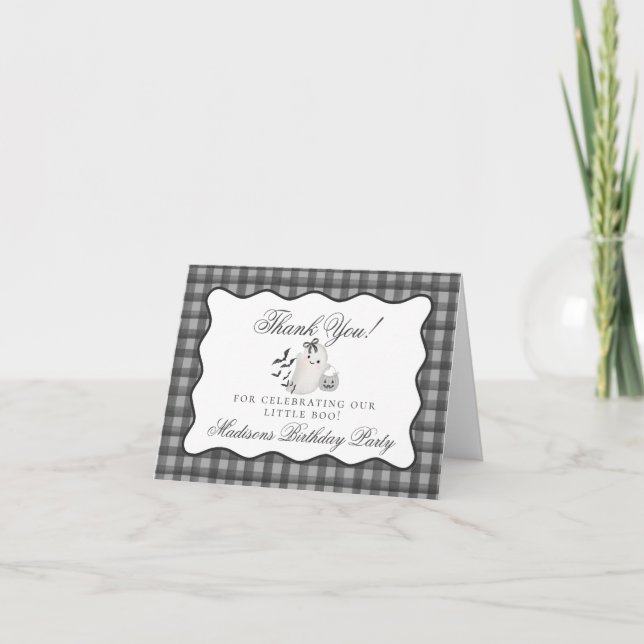 Fantasma Little Boo de Gingham Preto Agradecimento (Frente)