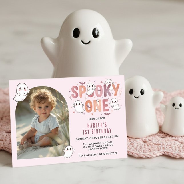 Fantasma Rosa Convite de Aniversário de 1 Ano Foto (Photo Girls 1st Birthday Party Invitation with Spooky One theme by Darling & May)