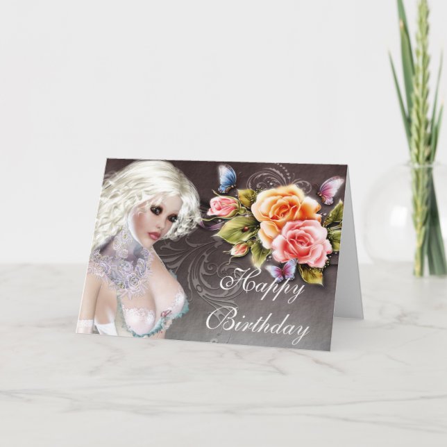 Fantasy Blona com Rosa Aniversário Cartão 1 (Frente)