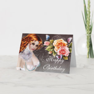 Fantasy Redhead com cartão de aniversário de Rosas