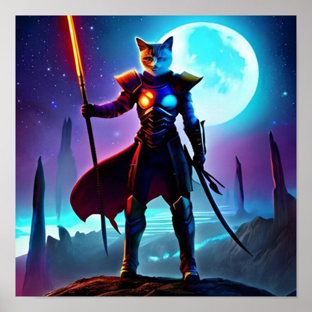 Fantasy Sci-fi Cat Warrior Poster de Arte Digital (Frente)
