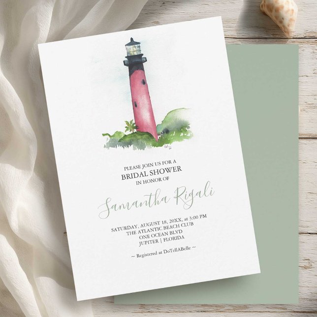 Farol de Aquarela do chá de panela (coastal bridal shower invitations watercolor Jupiter lighthouse by small business Do Tell A Belle)
