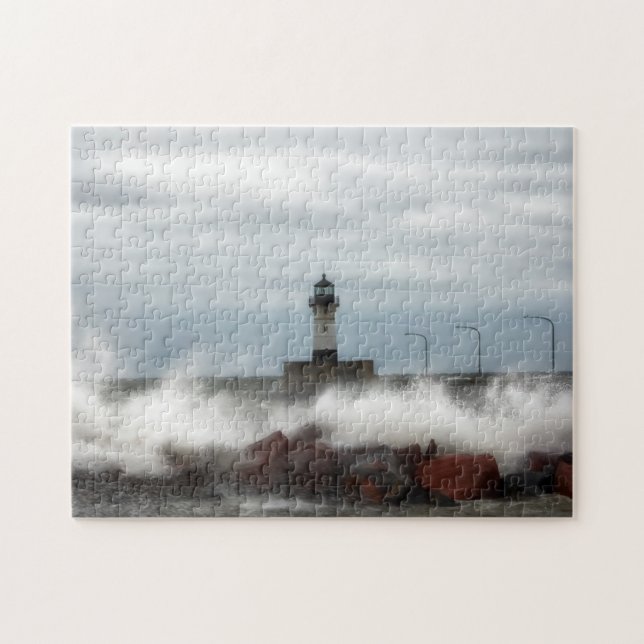 Farol e Ondas Duluth Minnesota Quebra-Cabeça (Horizontal)
