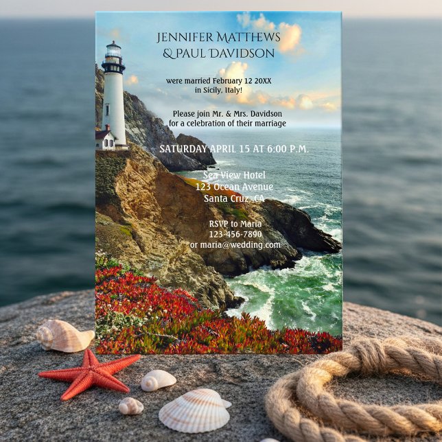 Farol Náutico Após Convite De Casamento (After wedding party invitation featuring a painting of a coast with a lighthouse in vibrant colors)