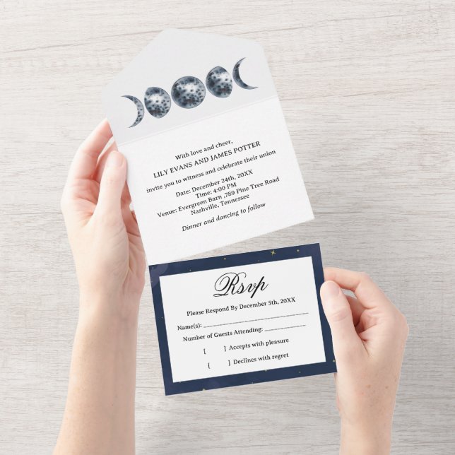 Fases da Lua em um Convite de Casamento Completo (Aba destacável)