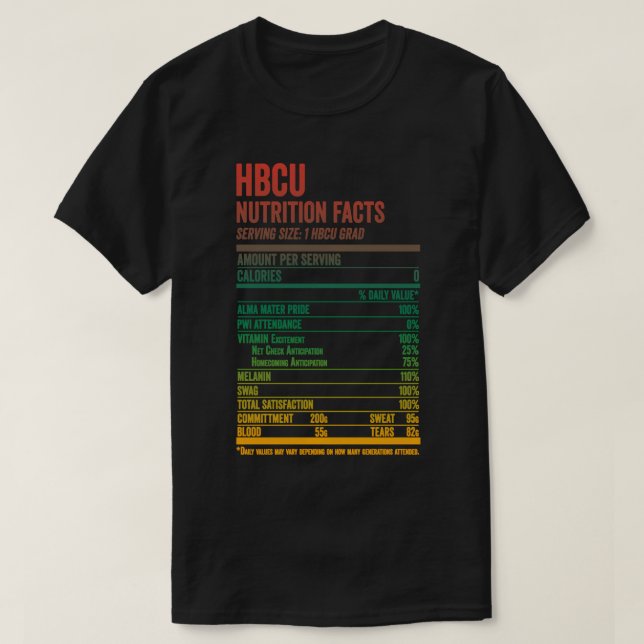 Fatos de nutrição HBCU Camisa História Negra Ameri (Frente do Design)