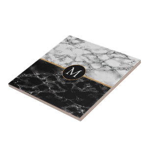 Faux Black White Marble Monograma - Letra Azulejo