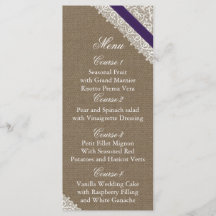 FAUX Burlap e cartões de cardápio de rendas roxas