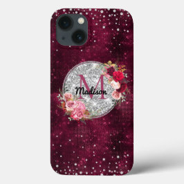 Faux Chic Silver Glitter Burgundy Monograma floral