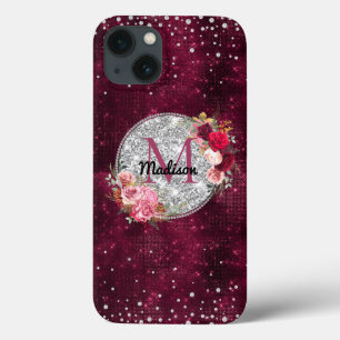 Faux Chic Silver Glitter Burgundy Monograma floral