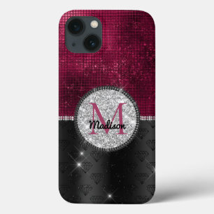 Faux Chic Silver Glitter Burgundy Monograma preto