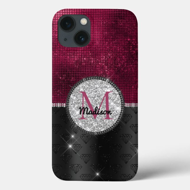 Faux Chic Silver Glitter Burgundy Monograma preto (Verso)