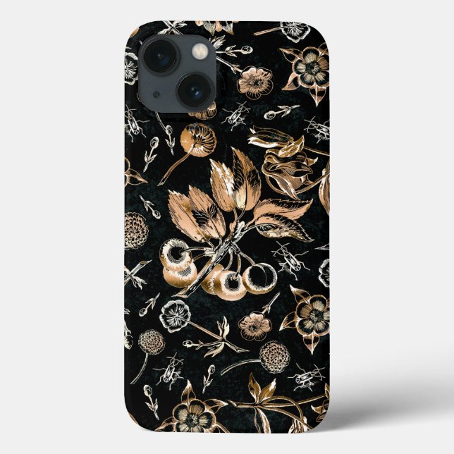 Faux Dourado Beetles Flowers Deixa Frutas De Cerej (Verso)