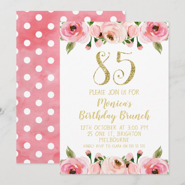 Faux Dourado e Rosas 85.o Convite de aniversário (Frente/Verso)