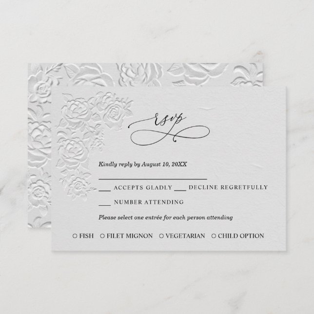 Faux Embossed White Roses Wedding RSVP Card (Frente/Verso)