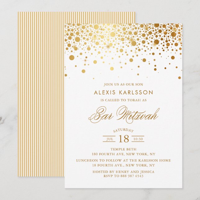 Faux Gold Foil Confetti Bar Mitzvah Convite (Frente/Verso)