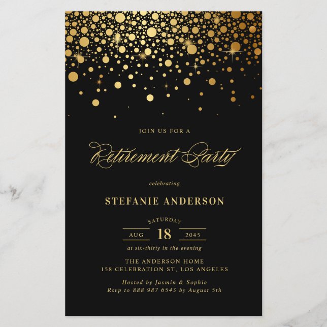 Faux Gold Foil Confetti Black Retirement Invite (Frente)