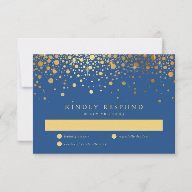 Faux Gold Foil Confetti Pontos Blue RSVP Card (Frente)