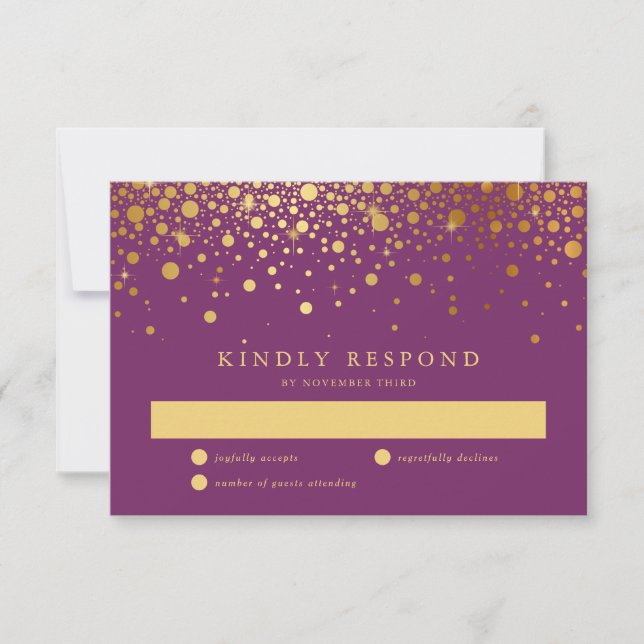 Faux Gold Foil Confetti Pontos RSVP Roxo (Frente)