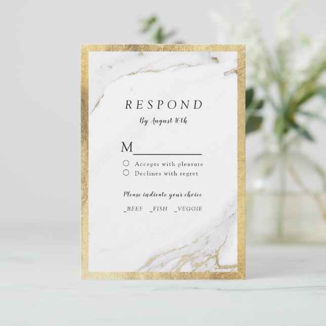 Faux gold marble luxury casamento moderno RSVP (Em pé/Frente)