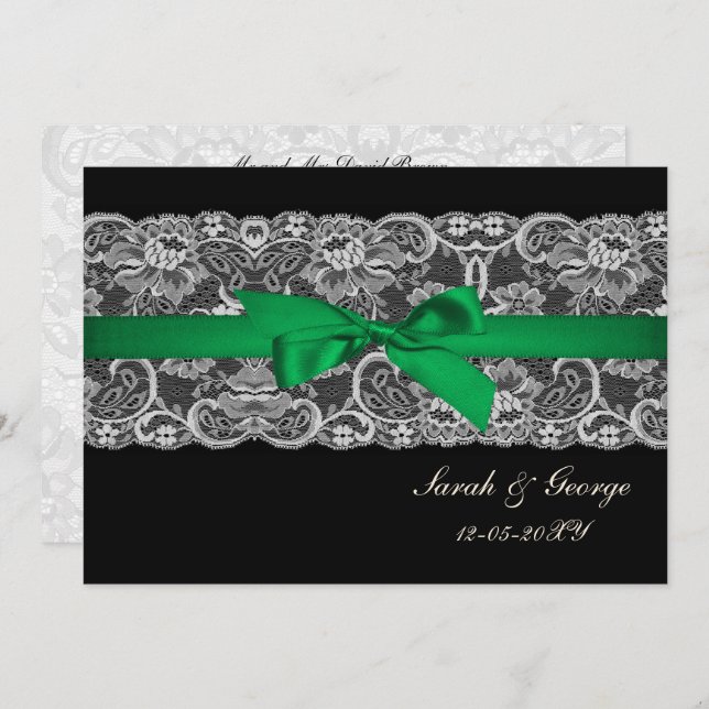 Faux lace ribbon emerald green convites de casamen (Frente/Verso)