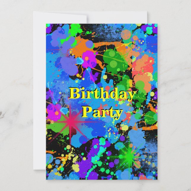 Faux Neon, Paint Splatter, Convite de Aniversário (Frente)