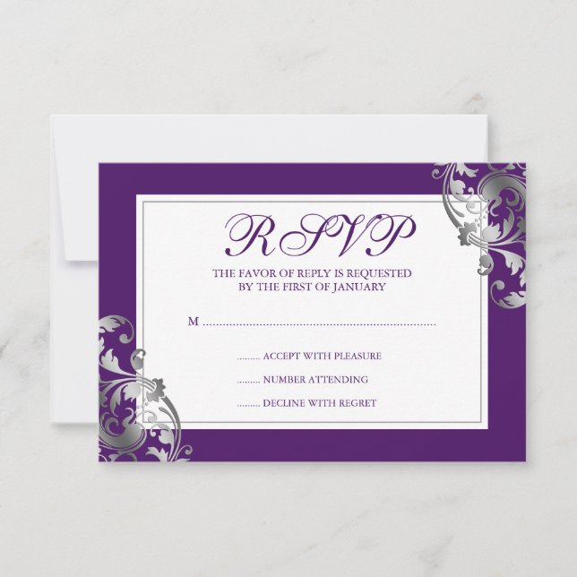Faux Silver e Purple Flourish Swirl Weding RSVP (Frente)