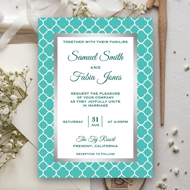 Faux Silver Foil Teal Quatrefoil Convite de casame (Criador carregado)
