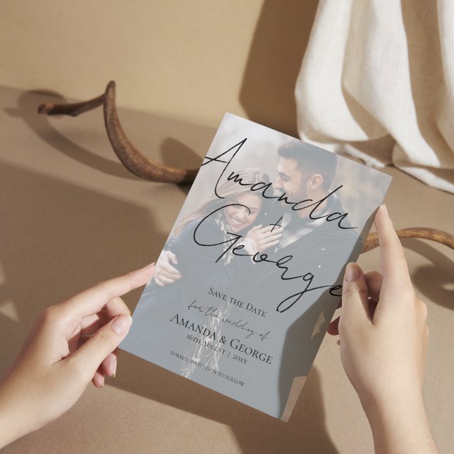 Faux Vellum Efeito Dois Casamento Fotográfico Salv (Faux Vellum Effect Two Photo Wedding Save the Date Invitation )