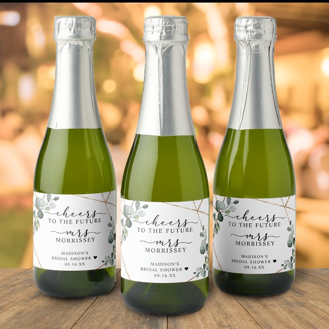 Favor de Churrasco de Noiva Eucalipto Dourado (Gold Eucalyptus Cheers Bridal Shower Favor Sparkling Wine Label)