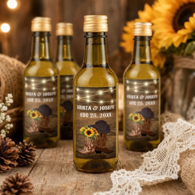 Favor de Noivado Caubói Botas Girassol Ocidental (Cowboy Boots Sunflower Western Wedding Favor Wine Label)
