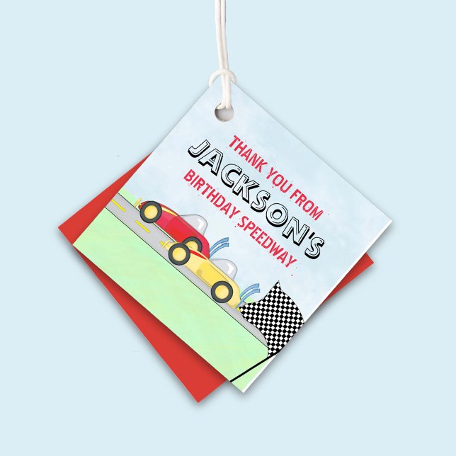 Favorecer Etiquetas (Birthday Party Favor Tag with Whimsical Race Cars.)