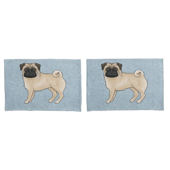 Fawn Pug Canine Cãozinho Cartoon Illustração Azul (Frente - conjunto)
