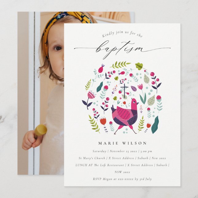 Fazenda Chic Floral Birdie Foto Baptism Convite (Frente/Verso)