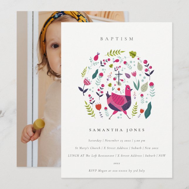 Fazenda Chic Floral Birdie Foto Baptism Convite (Frente/Verso)
