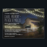 Fazenda Corda Acende Convites De Casamento De Casa<br><div class="desc">Fazenda String Lights Rustic Barn Wedding Invtions - apresente um fundo noturno com um galho de carvalho de avô grande com luzes de cordas penduradas no topo. Este design também apresenta um bonito celeiro country que também tem luzes de cordas brilhando dentro. A Celebração de Casamento também é impressa em...</div>